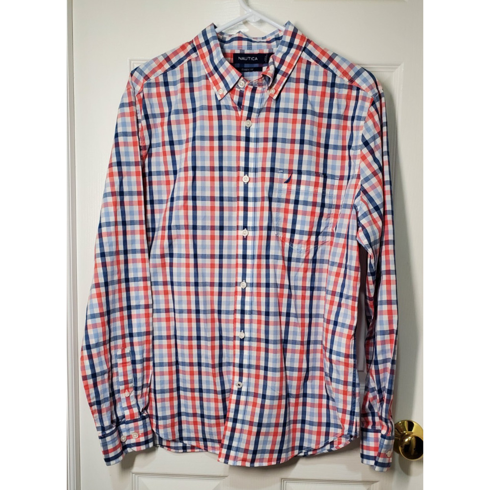 Nautica Mens Large Shirt Classic Fit Plaid Blue Pink White Button Front W82800